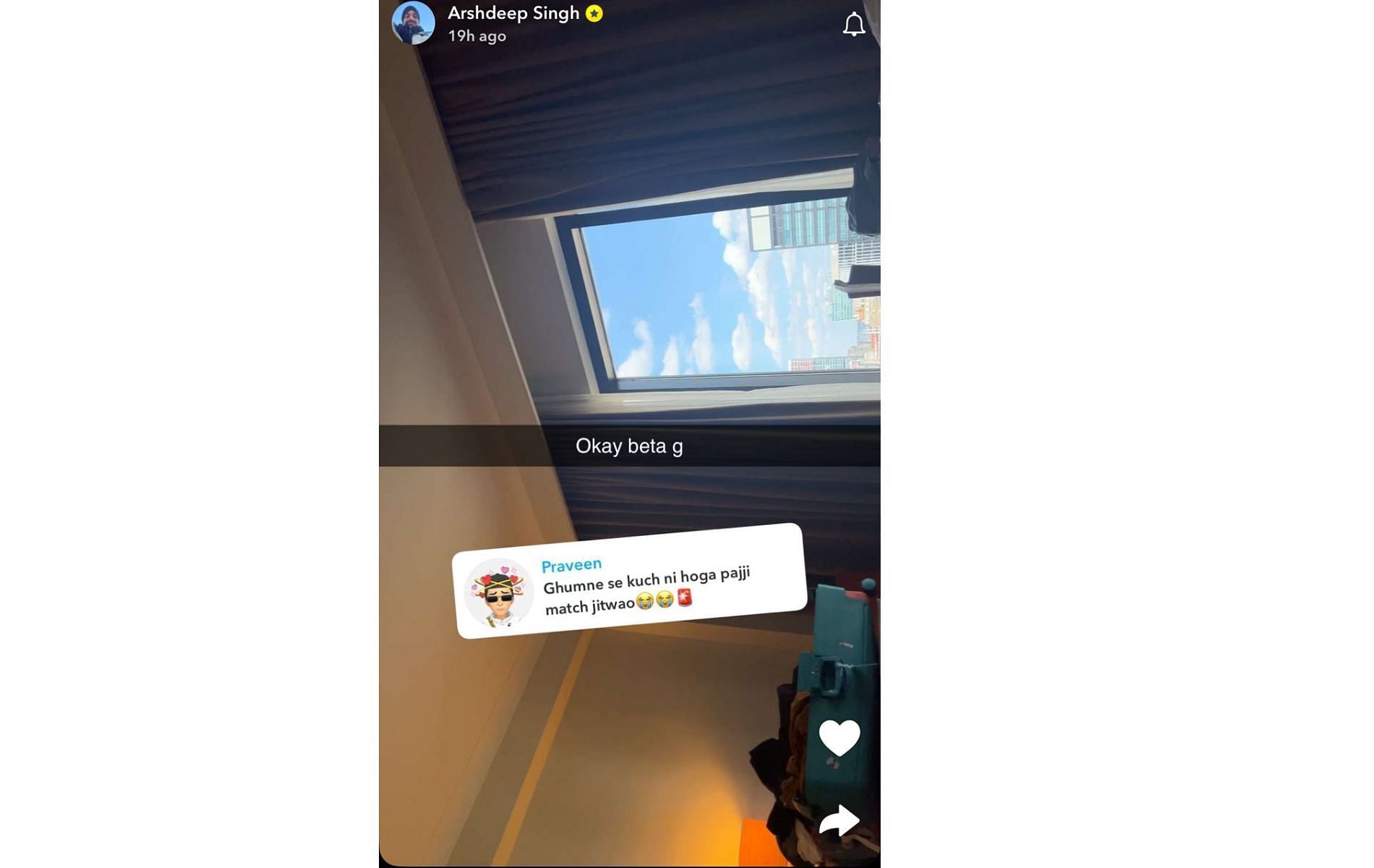 Screenshot of Arshdeep Singh's Snapchat story.